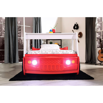 Red Twin Race Car Bed With High Gloss Finish, Particle Board Bed, Metal Support Structure And Slat Kit, Modern Novelty For Bedroom, 82.59 In Depth, 46.9 Width, 34.44 Height, 120 Lb Design, Board,