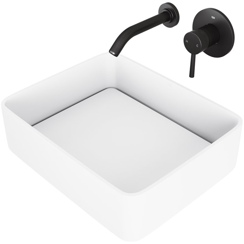 Lavabo de salle de bain rectangulaire en pierre blanche matte avec robinet H 5 po Jasmine L 18 po x l 15 po x H 5 po