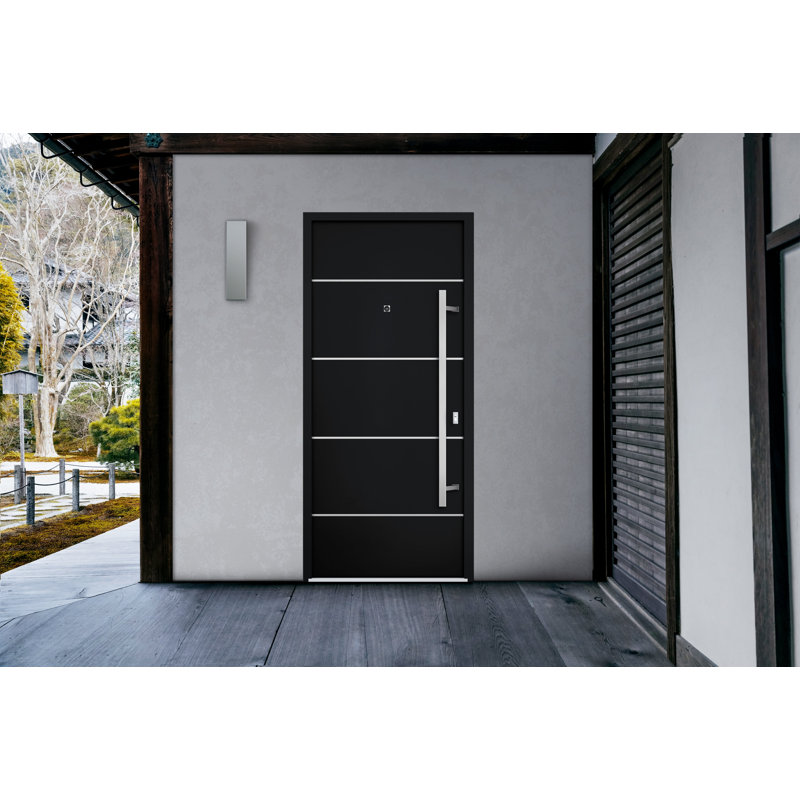 Porte avant en acier pré-suspendue à l'avant / deux portes en émail noir et acier inoxydable 6083 - entrée moderne en métal peint à gauche l 36 po x H 80 po