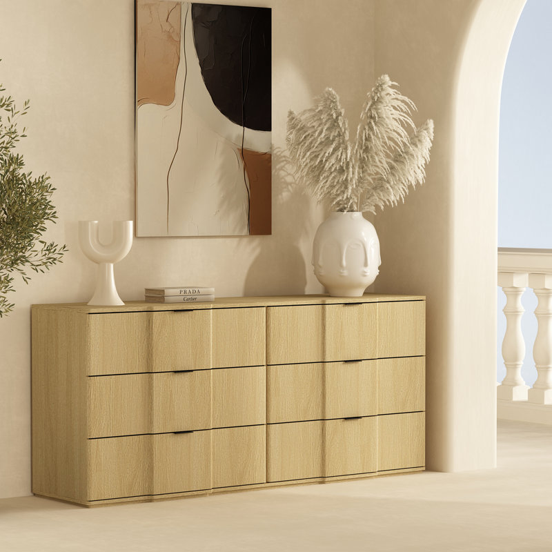 Commode double 6 tiroirs Clive Mid-Century moderne en chêne naturel et doré, Natural Oak and Gold