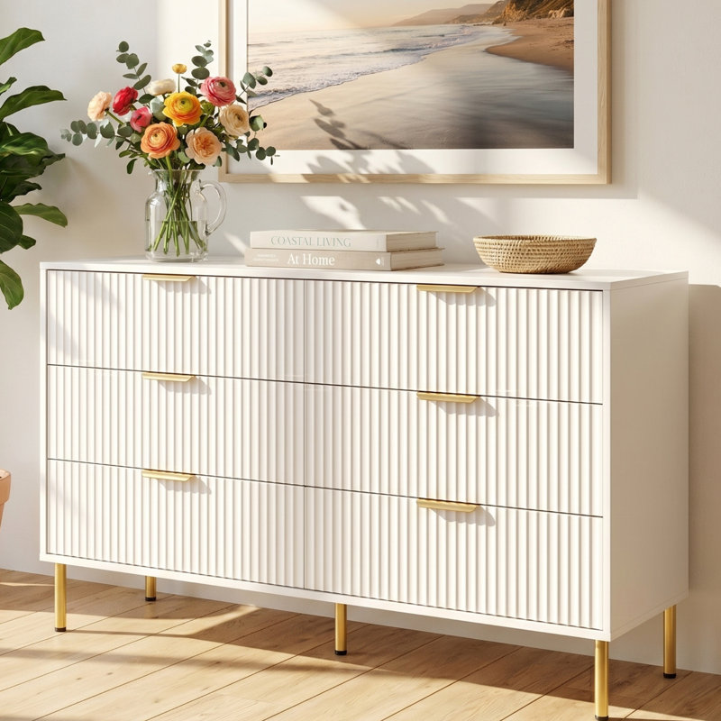 Commode double cannelée moderne 47 po à 6 tiroirs avec pieds en métal, l 47 po, Blanc