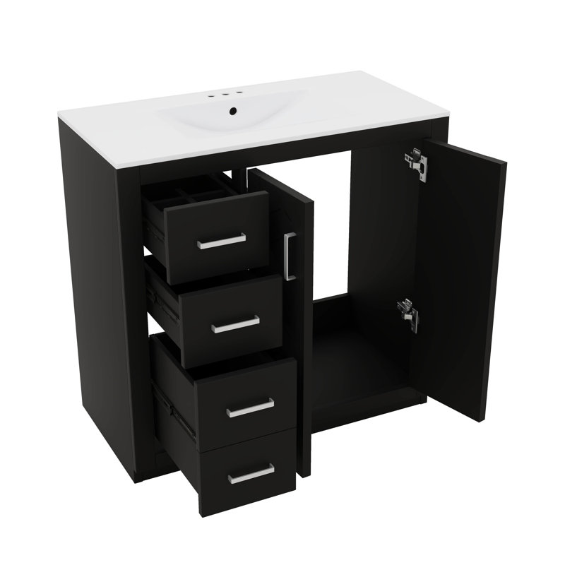 Meuble-lavabo de 36 po avec lavabo en céramique, meuble de rangement moderne à 3 tiroirs et 2 portes, meuble-lavabo autoportant, fermeture en douceur