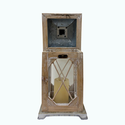 Vintage Farmhouse Wood and Metal Lantern Candle Holder with Glass Panels and Hanging Loop