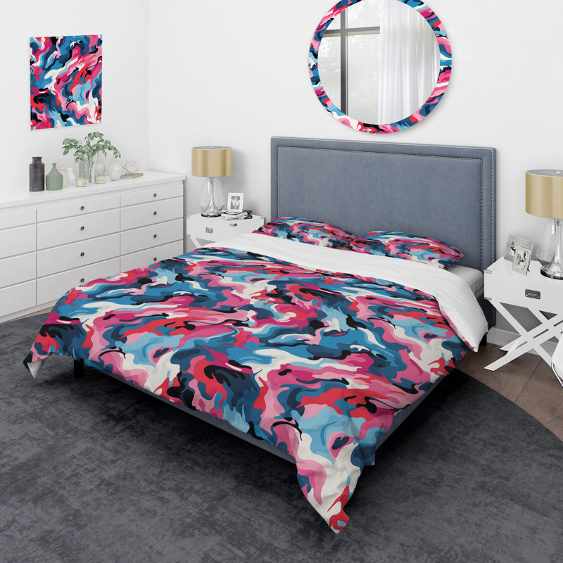 Ensemble tribal rose et bleu - Ensemble de housse de couette abstrait - Microfibre de polyester