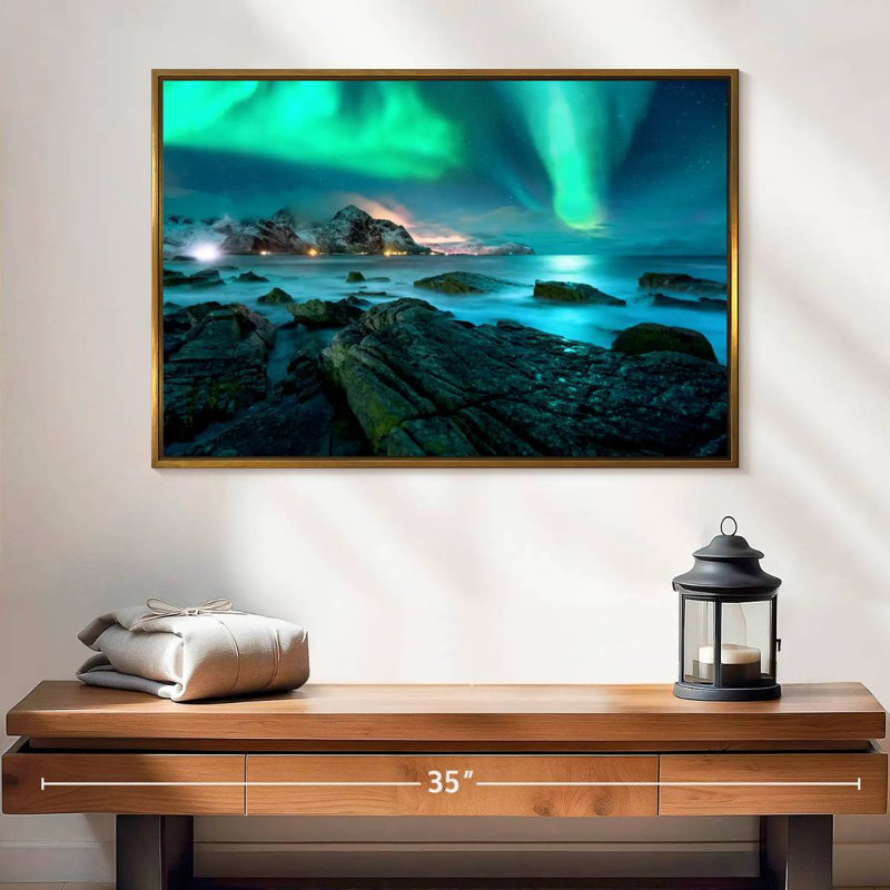 Superbe aurore boréale des Lofoten, Cadre flottant doré, 25 po x 17 po