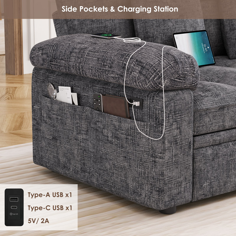 59.6" Sleeper Sofa With Adjustable Back, Charging Station & Pillows, Dark Gray