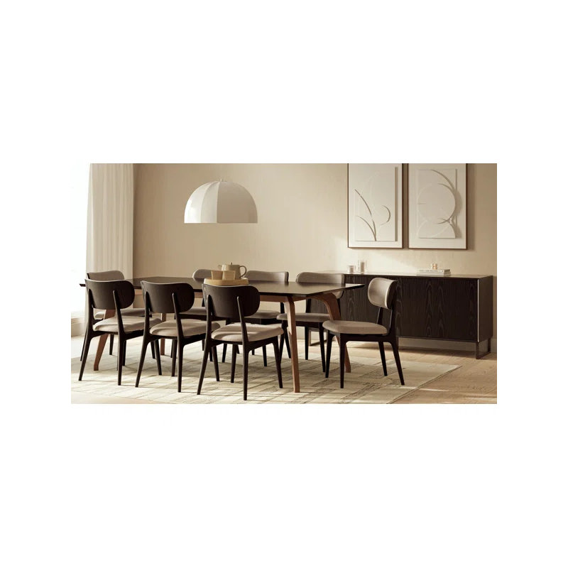 Ena Glass Top Dining Set (8 Chairs), Off White Top/Nogal Base, Black