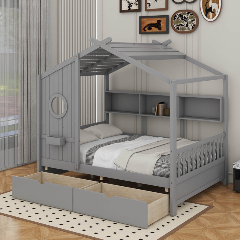 Lompico Wooden House Bed, Full, Gray
