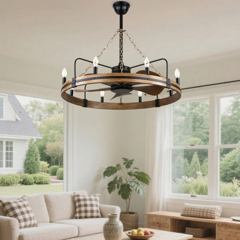 36" Rustic Wagon Wheel Ceiling Fan with Light and Remote Control 8-Light 6-speed Reversible Timer DC Motor Fan for Living Room Bedroom  