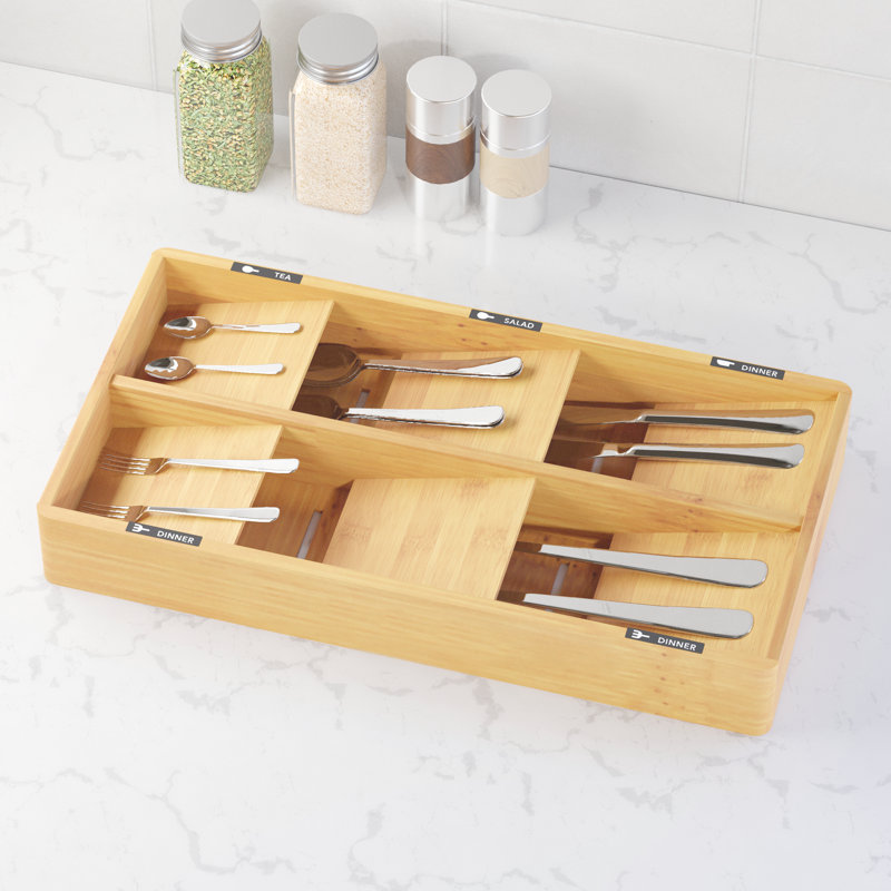 Bamboo Silverware Drawer Organizer with Labels (Natural Finish, 6 Slots) – Bag Storage Organizer