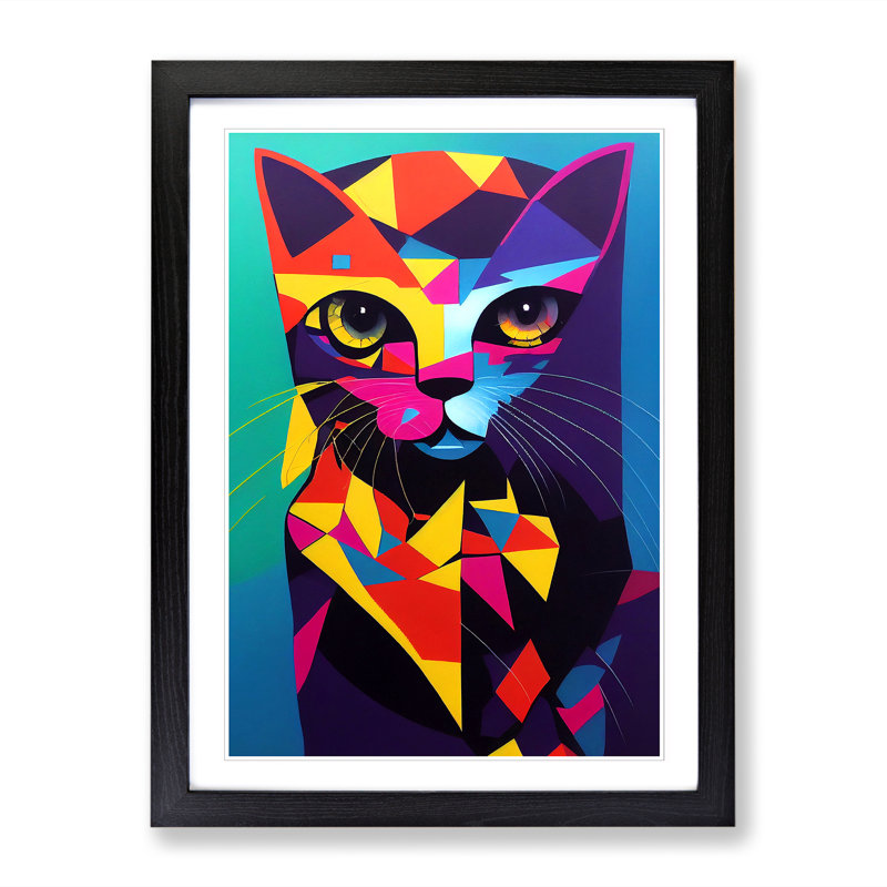 Colourful Abstract Cat Vol.3 1 Piece Single Picture Frame Wall Art, 64cm H x 46cm W, Oak Framed