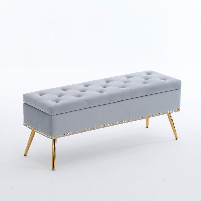 Banc repose-pieds en velours avec rangement, Gris, H 18 po x l 46 po x P 15,5 po