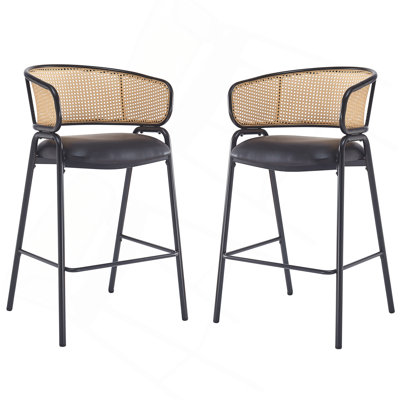 Ethan Indoor Metal Upholstered Barstool, Faux Leather Seat With Wowen Rattan Decorated Backrest, Set Of 2