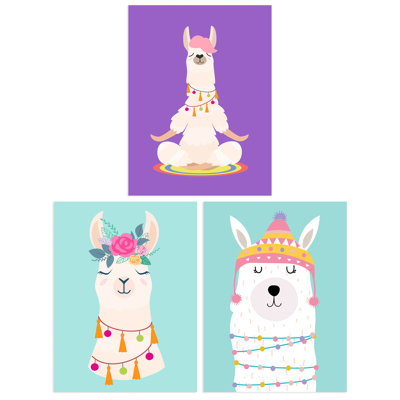 Kids Bedroom Cute Happy Llama Yoga Meditation Purple Blue - 3 Piece No Frame Print Set