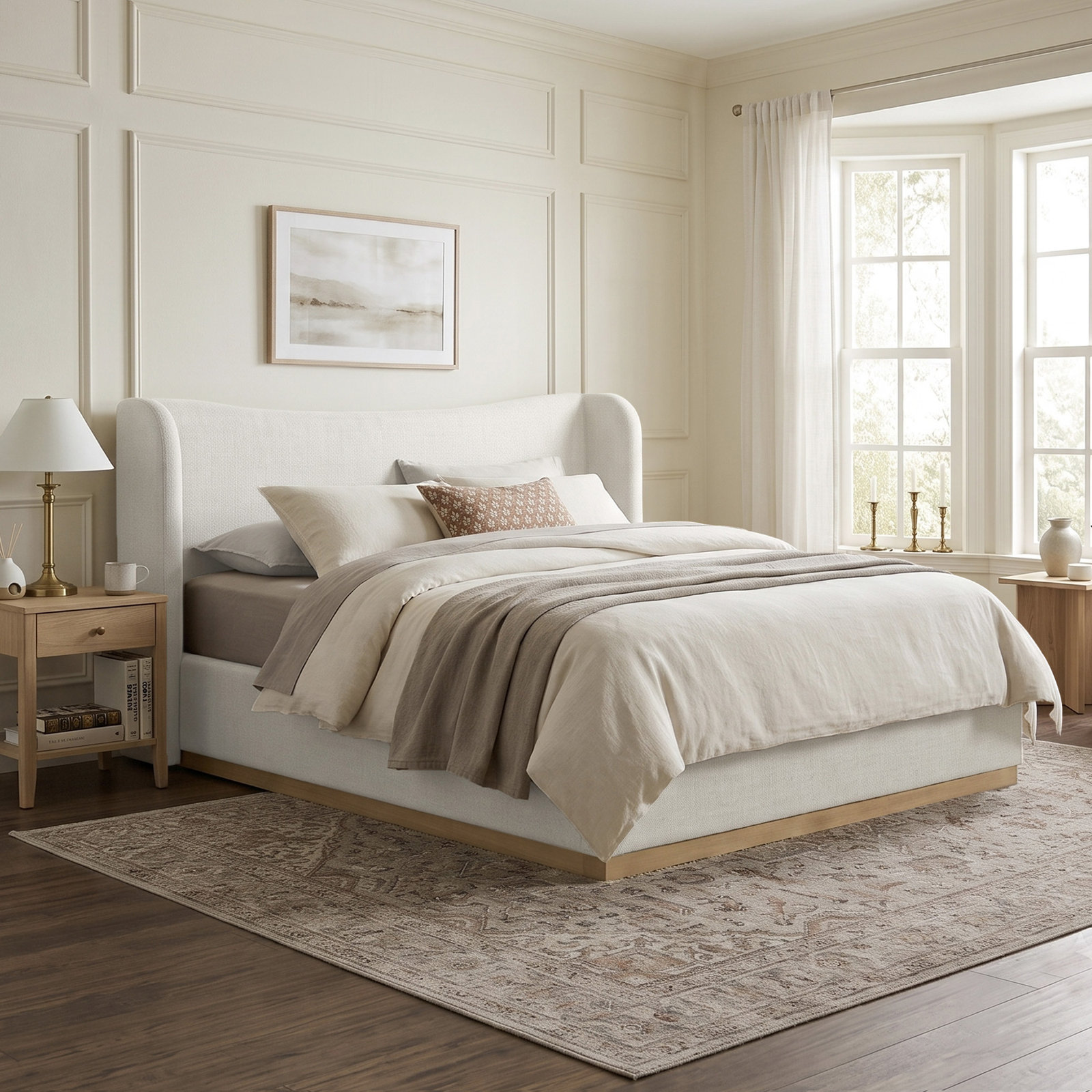 Linen Upholstered Wingback Bed, King, Selene White