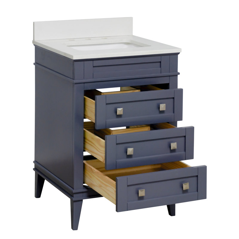 Ensemble de meuble-lavabo simple 24 po avec comptoir à quartz gris Francfort, Gris marine, Quartz
