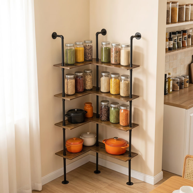 Étagère de coin industrielle en forme de tuyau, étagère murale en forme de L murale à 4 niveaux, bois rustique et étagère de coin en métal noir pour le salon, la plante, la décoration, le rangement en coin