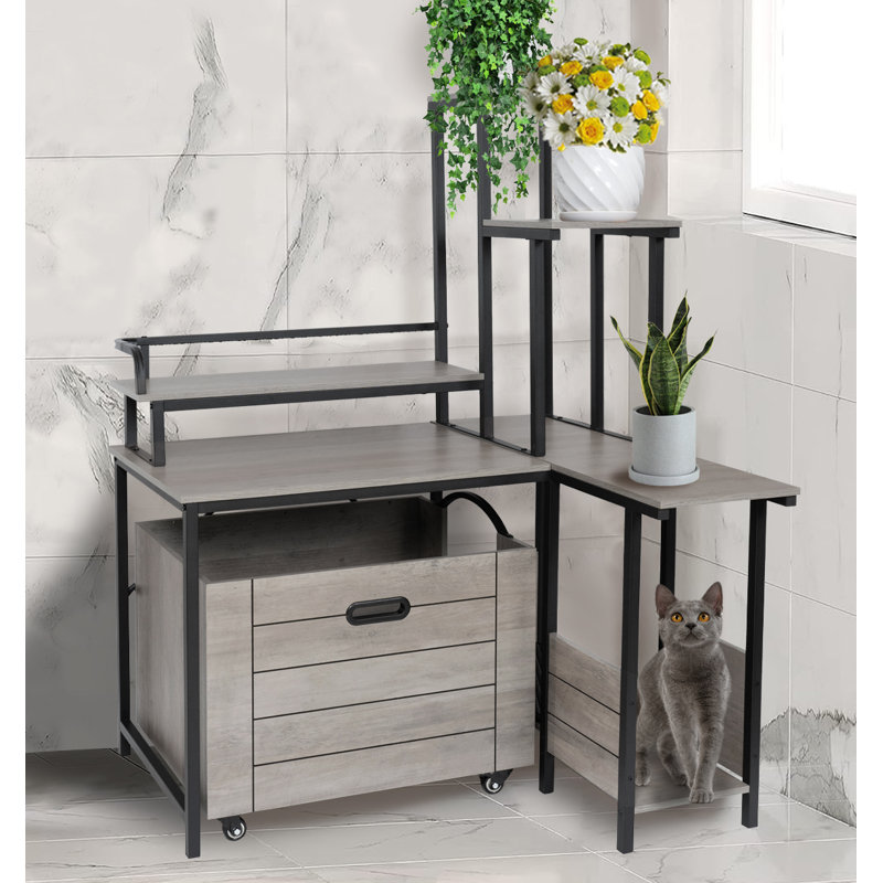 Cat Litter Box Enclosure Furniture With Flower Stand, Grey