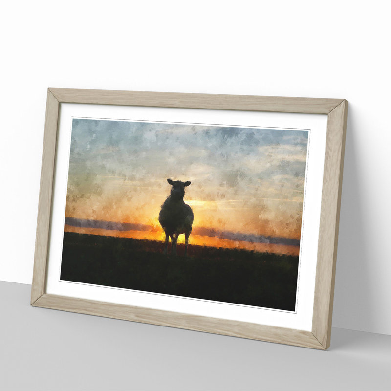Sunset and Sheep - Picture Frame Painting, 48cm H x 65cm W x 2cm D, Oak Framed