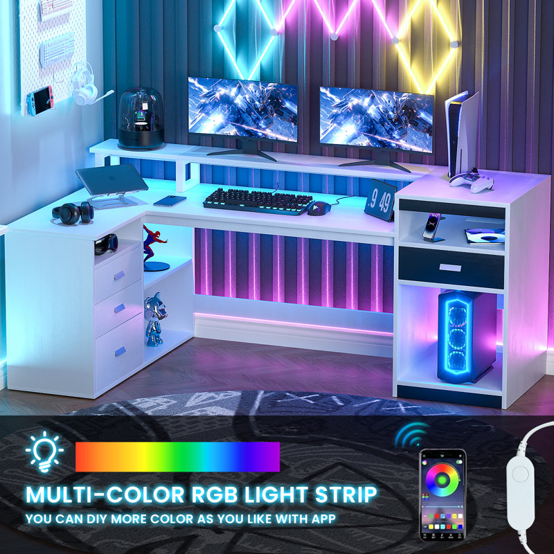 White Computer Desk With Drawers, 61.02'' Home Office Desk With Storage Shelves And File Drawer, L Shaped Gaming Desk Withmonitor Shelf And LED Lights