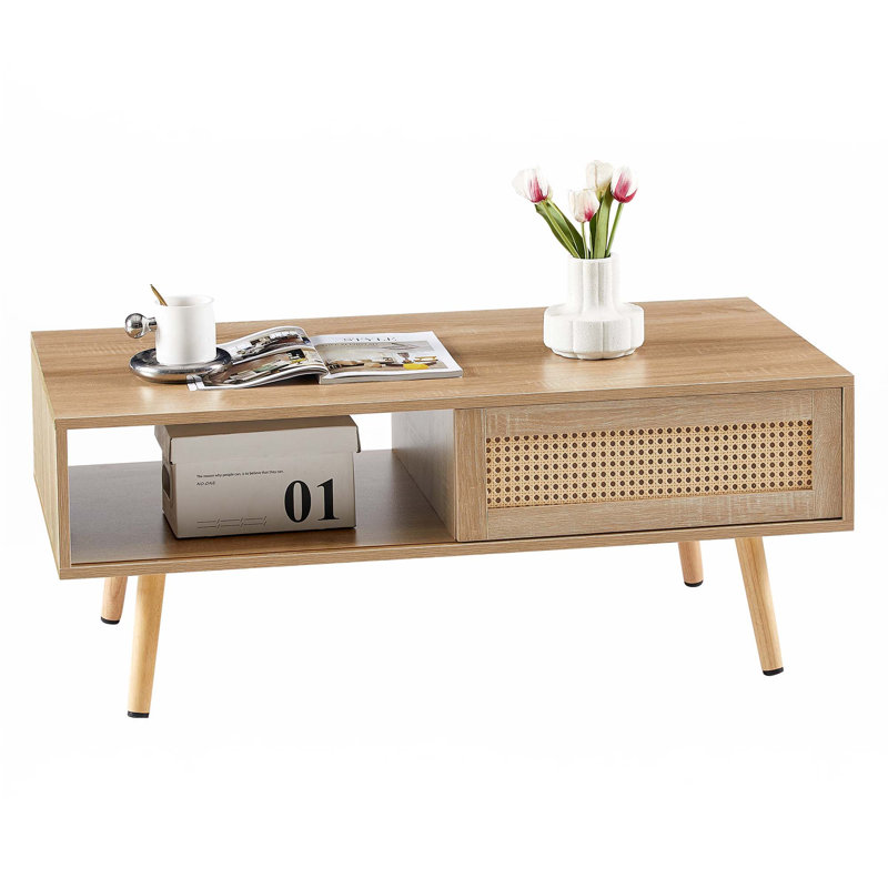 41.34" Rattan Coffee Table, Sliding Door For Storage, Solid Wood Legs, Natural