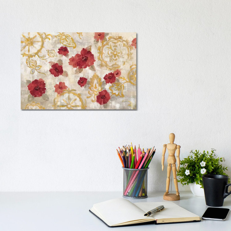 Elegant Fresco Red Gold by Silvia Vassileva - Wrapped Canvas Painting, 20.32 cm H x 30.48 cm W