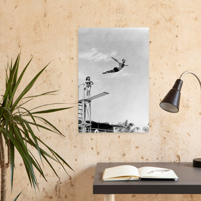 1930S 1940S Shapely Woman Watching Man Swan Dive Off High Diving Board Classic Retro Vintage Tropical Art