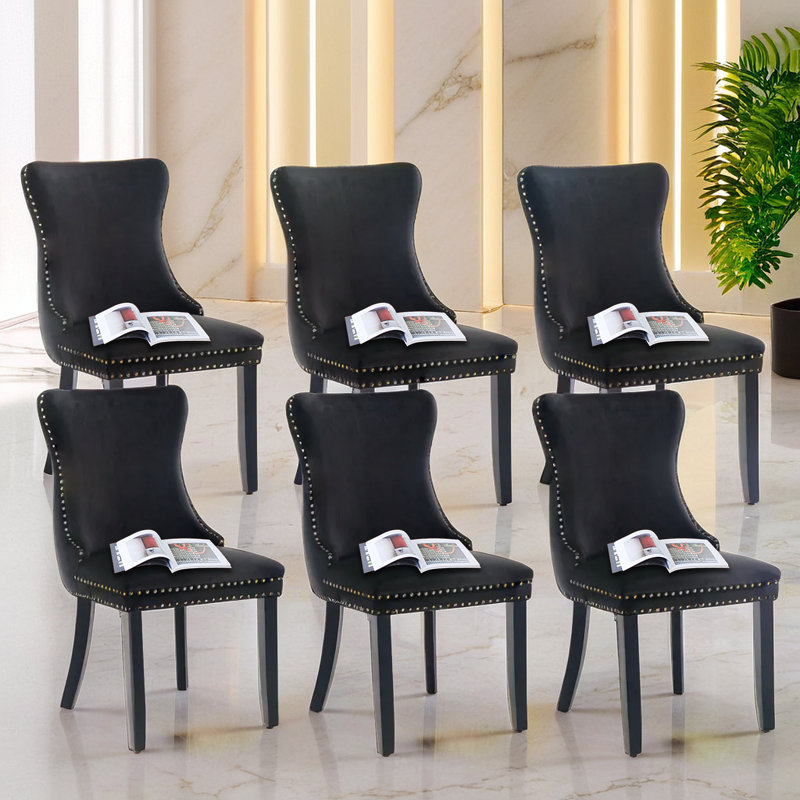 Black Velvet Upholstered Dining Chairs with Nailhead Trim, Set of 6