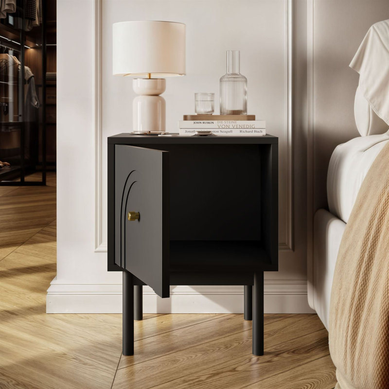 Bedside table LIBERTY nightstand with gold handle, Black