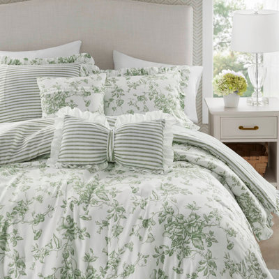 5-Piece Comforter Set with Decorative Pillows, Soft Sage Green Floral Prints and Reversible Stripes