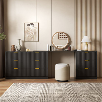 L-Shaped Home Office Desk, Extendable Dresser With 9 Drawers