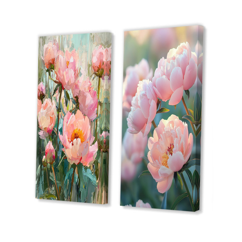 Pivoines au bord du verger I - Collection d'art mural floral 2 pièces, H 28 po x l 25 po, Toile tendue
