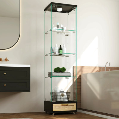 Vitrine moderne en verre avec tiroir, armoire antique à assemblage rapide avec lumières DEL, bibliothèque en verre trempé, armoire de rangement à 1 porte avec 4 tablettes pour le salon et la chambre à coucher