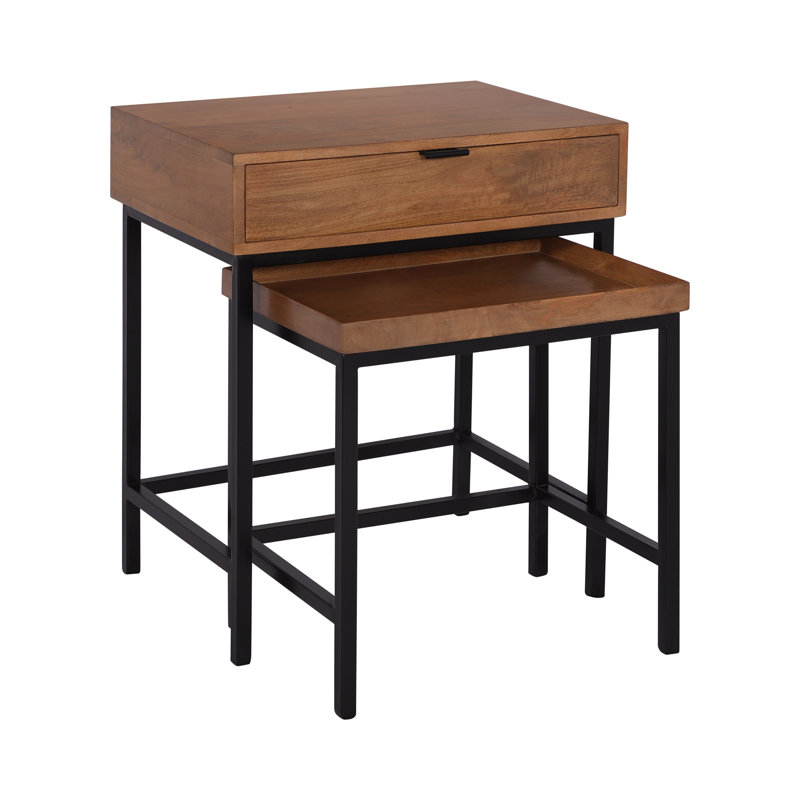 Atelier Industrial Solid Wood Nesting Table Set of 2 with Drawer and Tray Top, Honey Brown