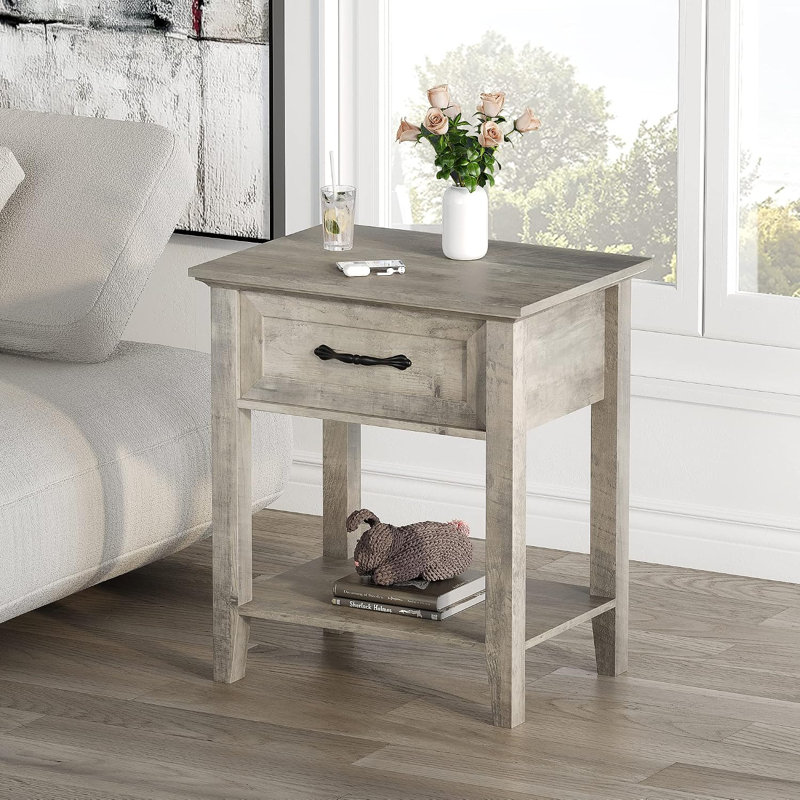 Ensemble de 2 tables de chevet grises avec tiroir de rangement et tablette ouverte, tables de bout de style campagnard et tables de chevet modernes