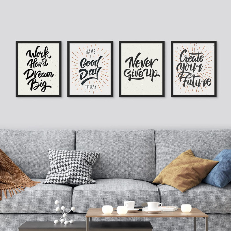 " Stylish Good Day Inspirational Motivational Set Of 4 Word Art Wall Decor Framed Prints " 4 - Pieces, Black