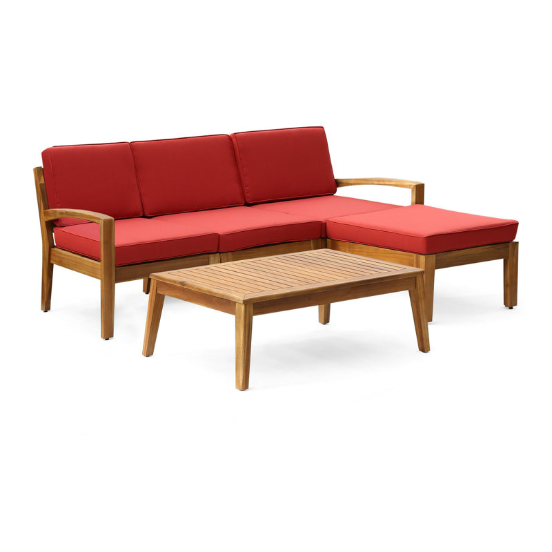 Canapé modulaire d'extérieur en L avec table basse, repose-pieds, bois d'acacia, rouge
