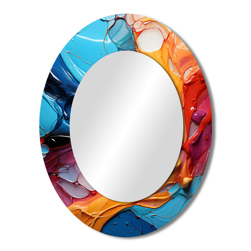 Teal Orange Abstract Fractal Collage Symphony - Abstract Oval Decorative Mirror On Metal, 43" x 33"