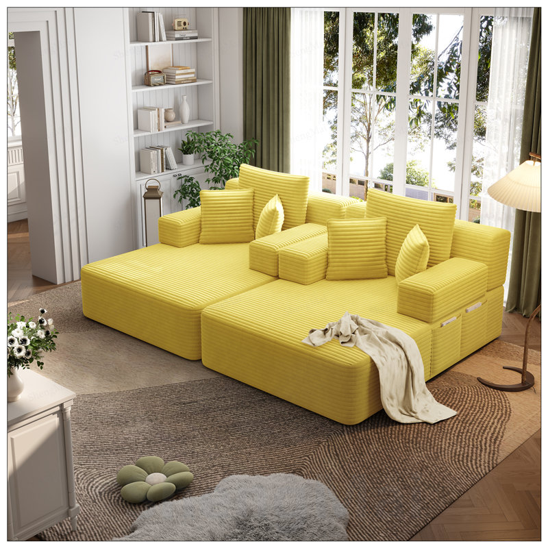 Ensemble 2 pièces surdimensionné de méridienne double, luxueux canapé-lit en velours côtelé moelleux avec 6 coussins et pochette de rangement pour les petits espaces, le cinéma maison et le salon