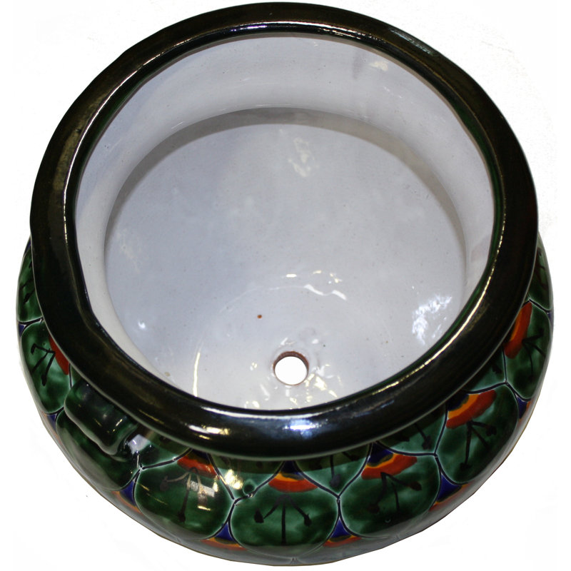 Small Green Peacock mexican Talavera Pot, 9" H x 10.5" W x 10.5" D