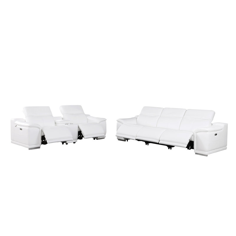 Ensemble de canapé et causeuse en cuir italien à grain supérieur avec 5 sièges inclinables électriques, Blanc / Blanc