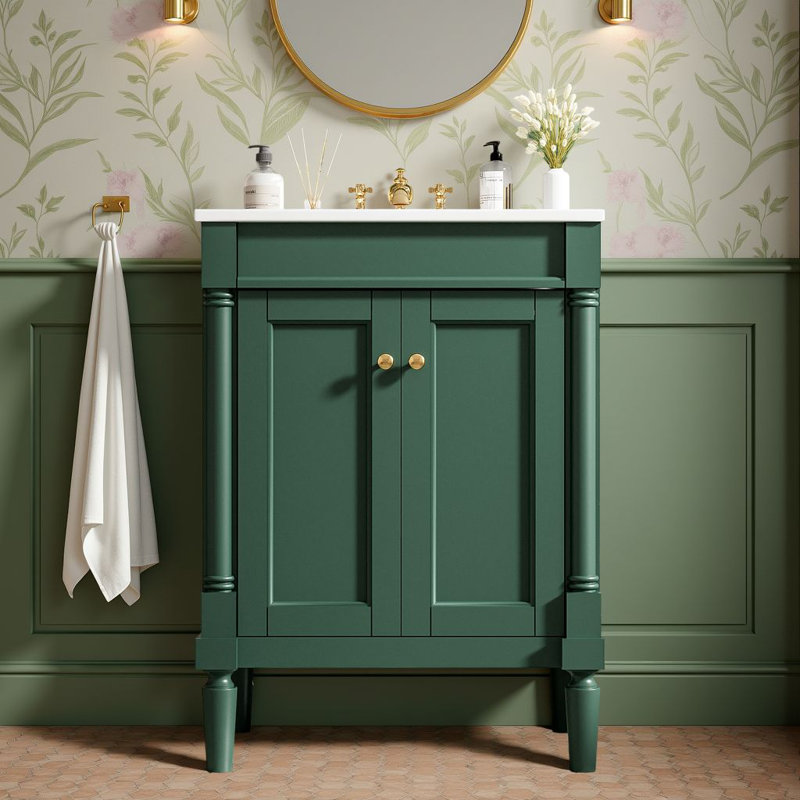 Meuble-lavabo autoportant 24 po avec lavabo en céramique, armoire de rangement avec cadre en bois massif et tablette de rangement 24 po