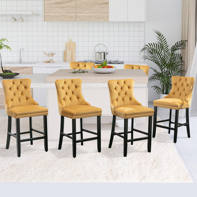 Modern Velvet Upholstered Bar Stools Set, Black, Gold