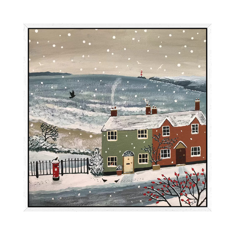 Snowing By The Sea by Jo Grundy - Painting on Canvas, 45.72 cm H x 45.72 cm W, White Framed