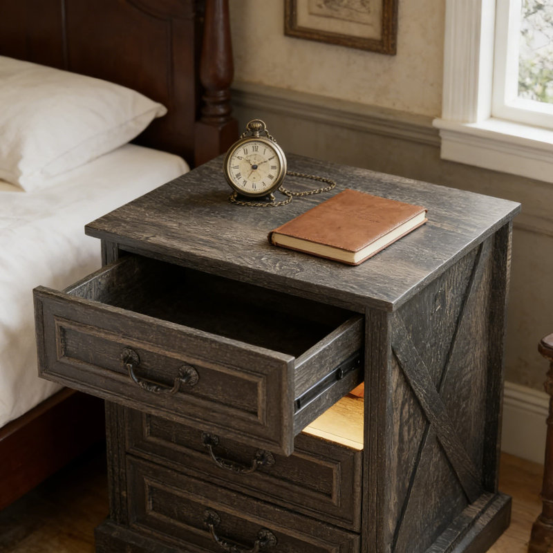 Table de chevet intelligente avec tiroir à pistolet caché, capteur de mouvement à DEL et station de charge USB | Table de chevet avec rangement verrouillable Farmhouse