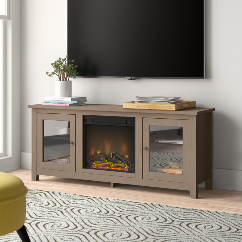Kohn 58" 2-Door TV Stand with Electric Fireplace, Ash Gray