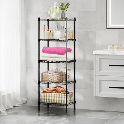 5 Tier Adjustable Storage, Skeleton Shelf, Steel Wire Shelf With Hooks, Black