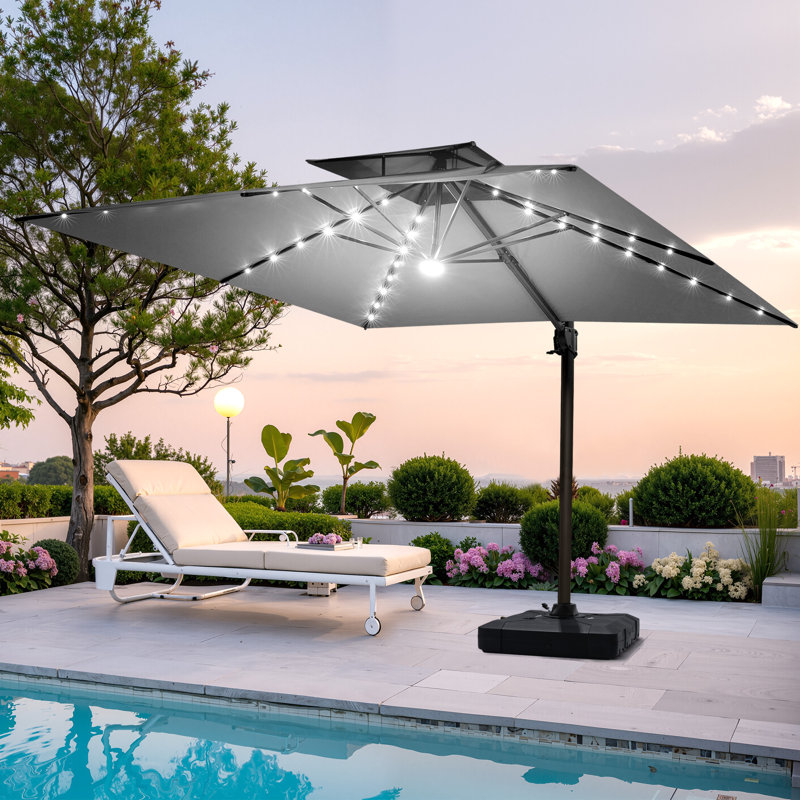 Parasol rectangulaire extérieur rectangulaire en porte-à-faux à DEL avec base de poids incluse, Rouge