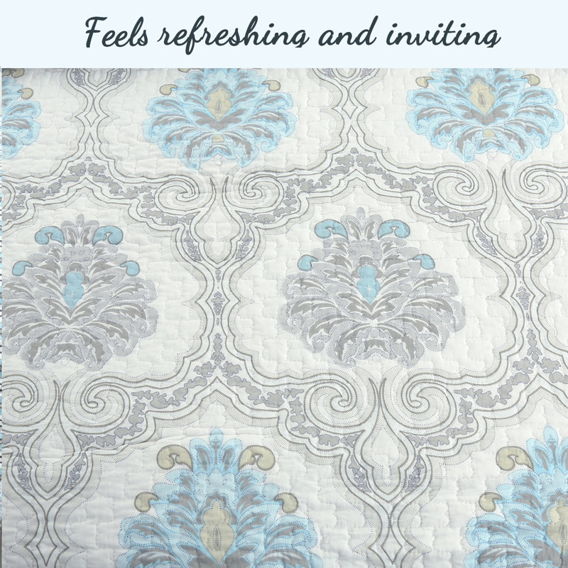 Queen Blue Cotton Reversible Damask Floral Quilt Set
