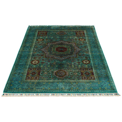 4x6 Green and Multicolor Turkish Tribal Rug